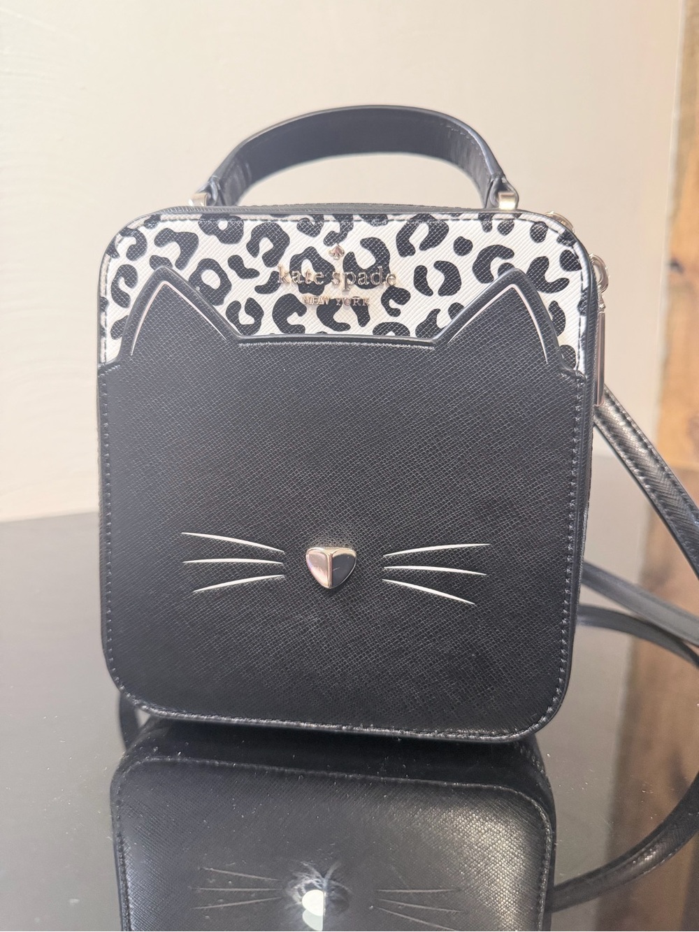 kate spade Black and Leopard-Accent Cat Face Mini Crossbody